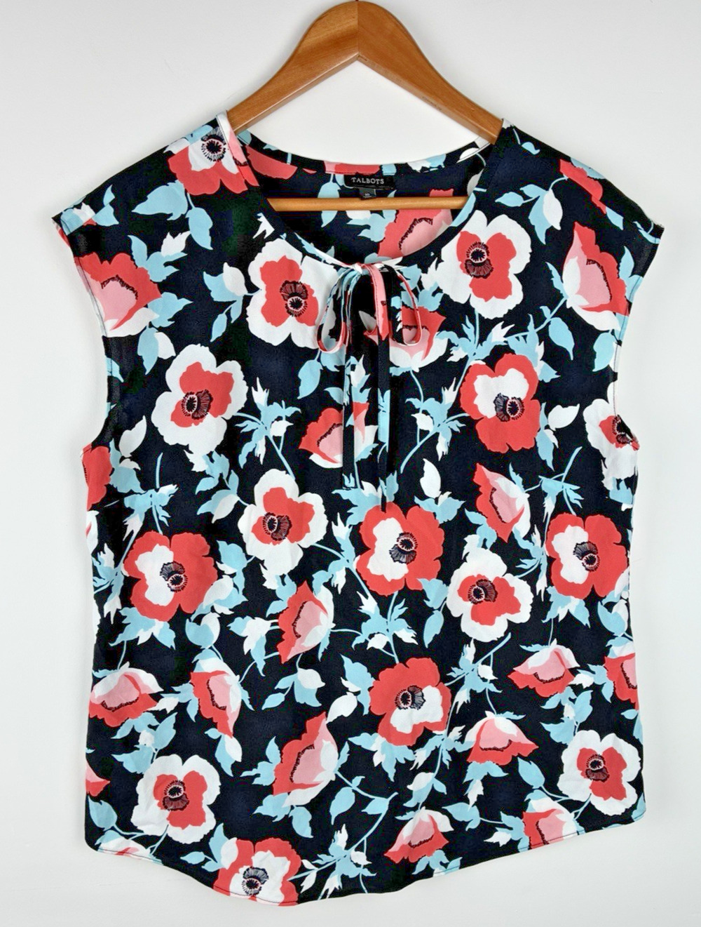 Talbots Women’s Size 10 Floral Tie Neck Cap Sleeve Blouse Black Coral Blue